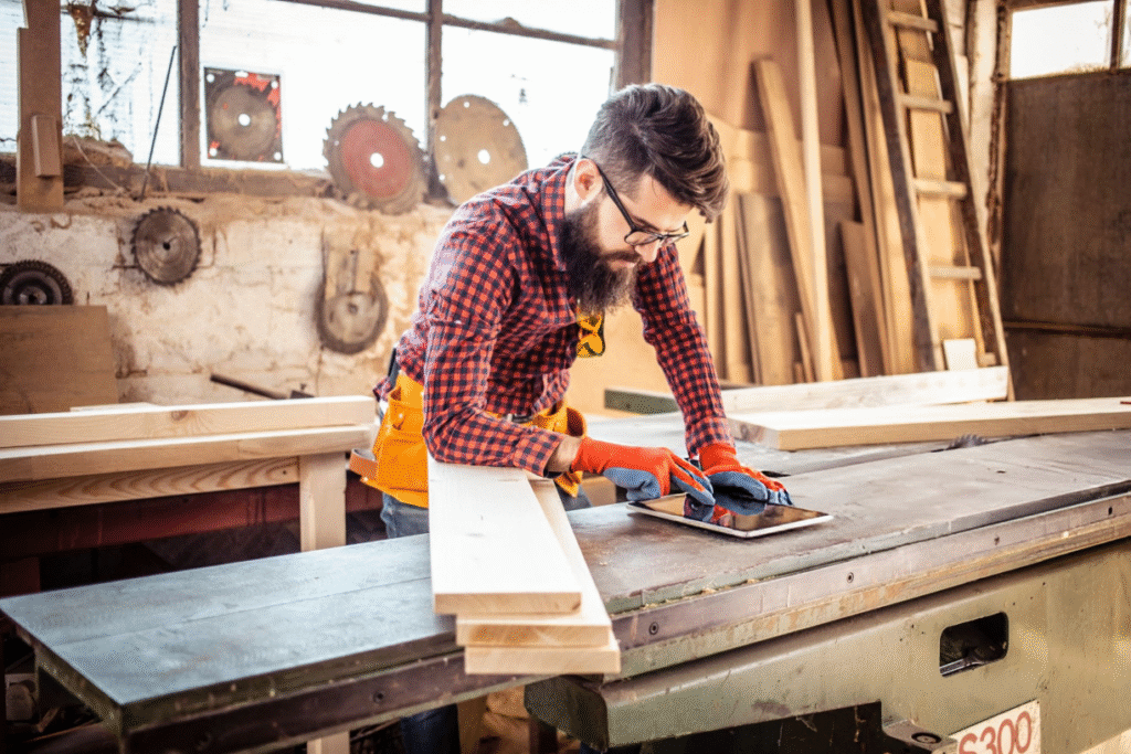 Carpenter checking cut list before ripping wood