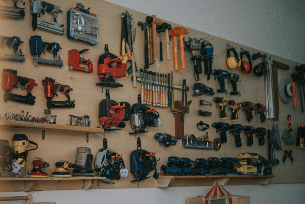 Woodshop tools organized on a wall